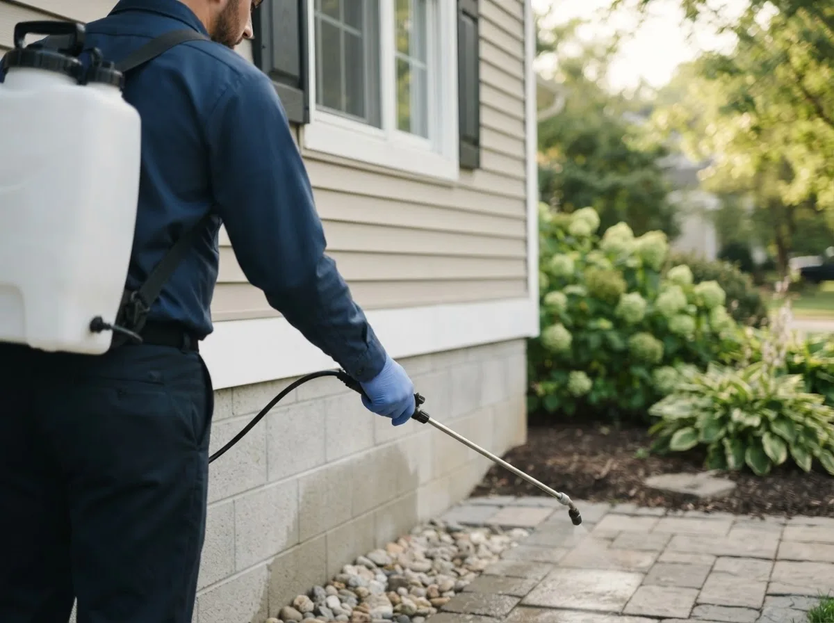 Pest control technician inspecting a home in Sciota, IL